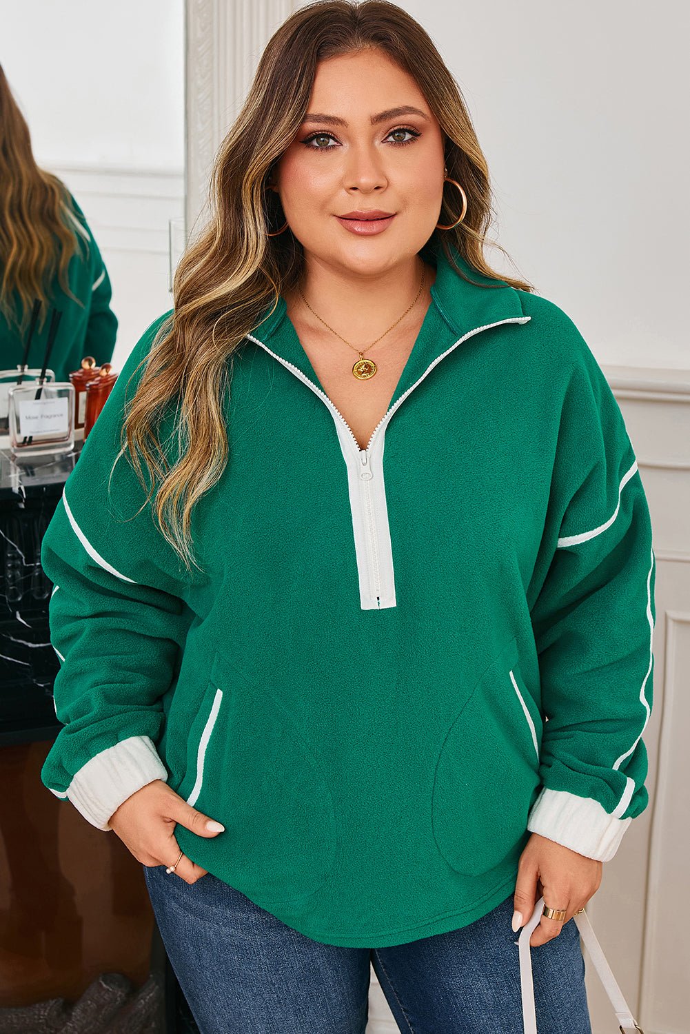 Ava Contrast Trim Fleece Plus Sweatshirt - Hello Beautiful BoutiquePlus Size Sweatshirts & HoodiesThreaded Pear