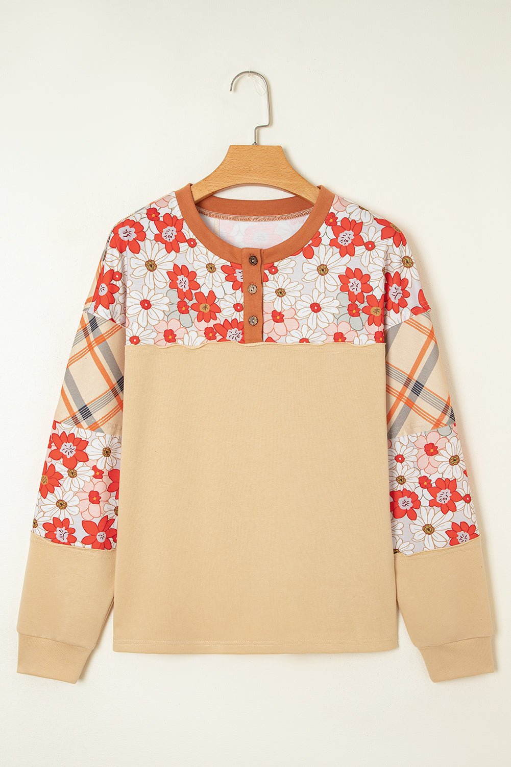 Azari Plaid Patchwork Casual Top - Hello Beautiful BoutiqueLong Sleeve TopsThreaded Pear