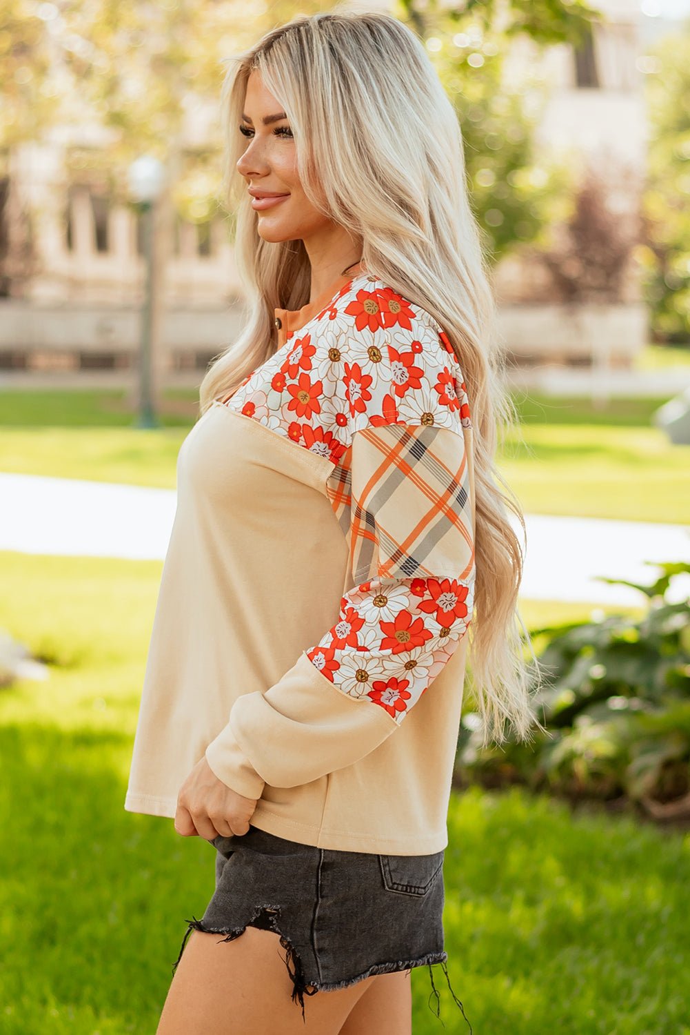 Azari Plaid Patchwork Casual Top - Hello Beautiful BoutiqueLong Sleeve TopsThreaded Pear