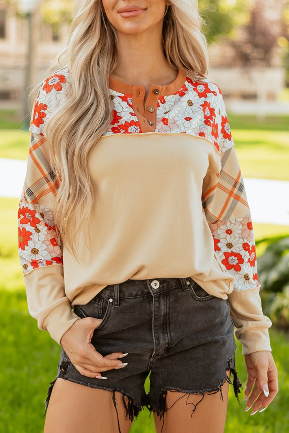 Azari Plaid Patchwork Casual Top - Hello Beautiful BoutiqueLong Sleeve TopsThreaded Pear