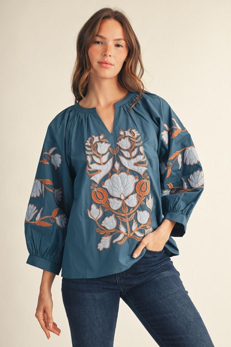Baroque Floral Embroidered Notched V-Neck Top G16207 - Hello Beautiful BoutiqueTopJodifl