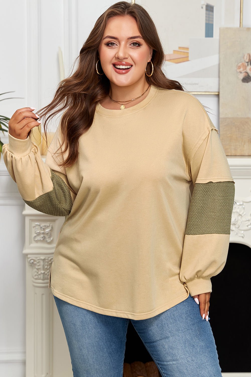 Bethany Patchwork Drop Shoulder PLUS Pullover - Hello Beautiful BoutiquePlus Size Long Sleeve TopsThreaded Pear
