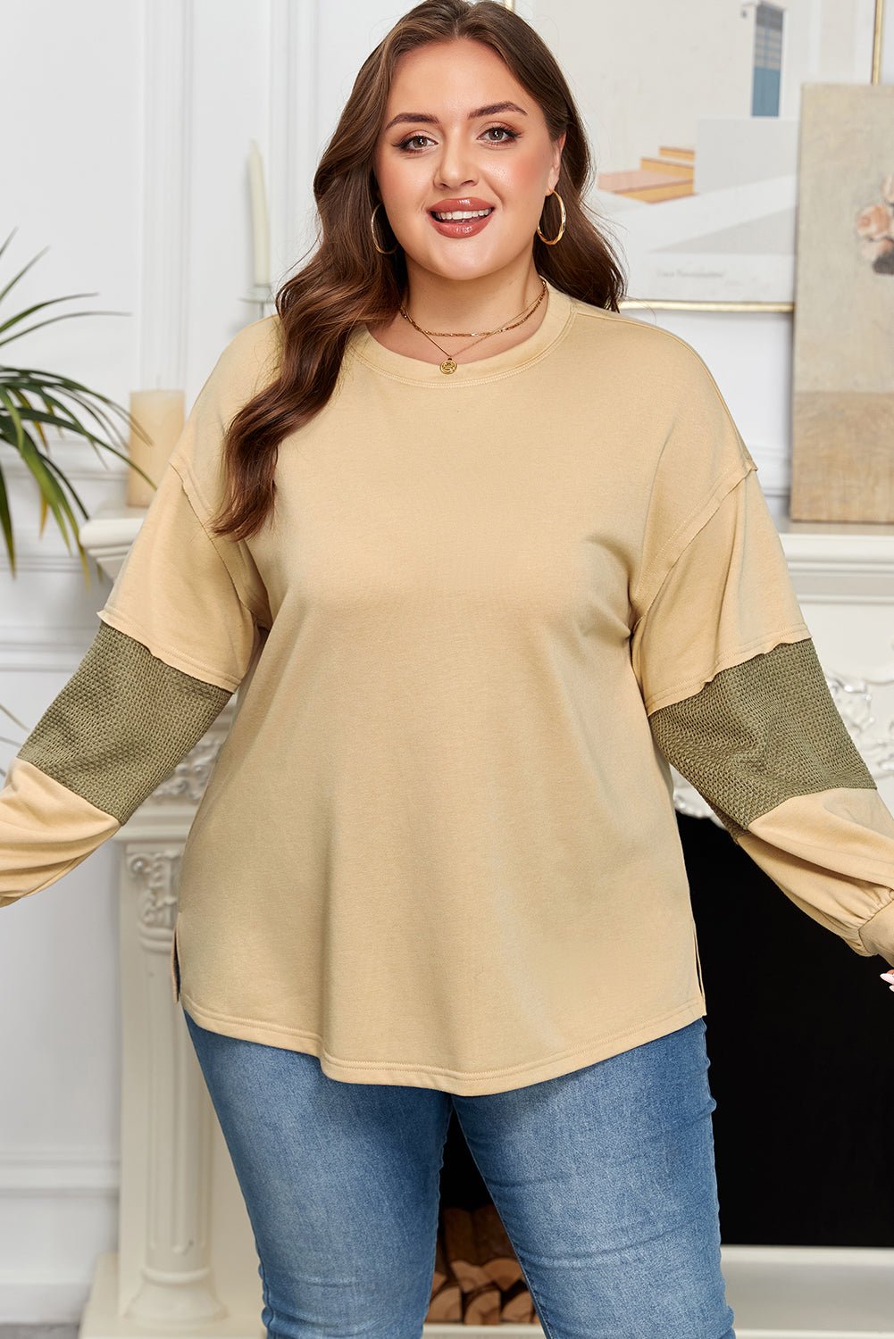 Bethany Patchwork Drop Shoulder PLUS Pullover - Hello Beautiful BoutiquePlus Size Long Sleeve TopsThreaded Pear