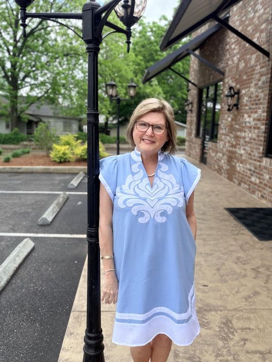 Blue Embroidered Linen - Blend Mini Dress with Appliqué Details - Hello Beautiful BoutiqueDressGigio