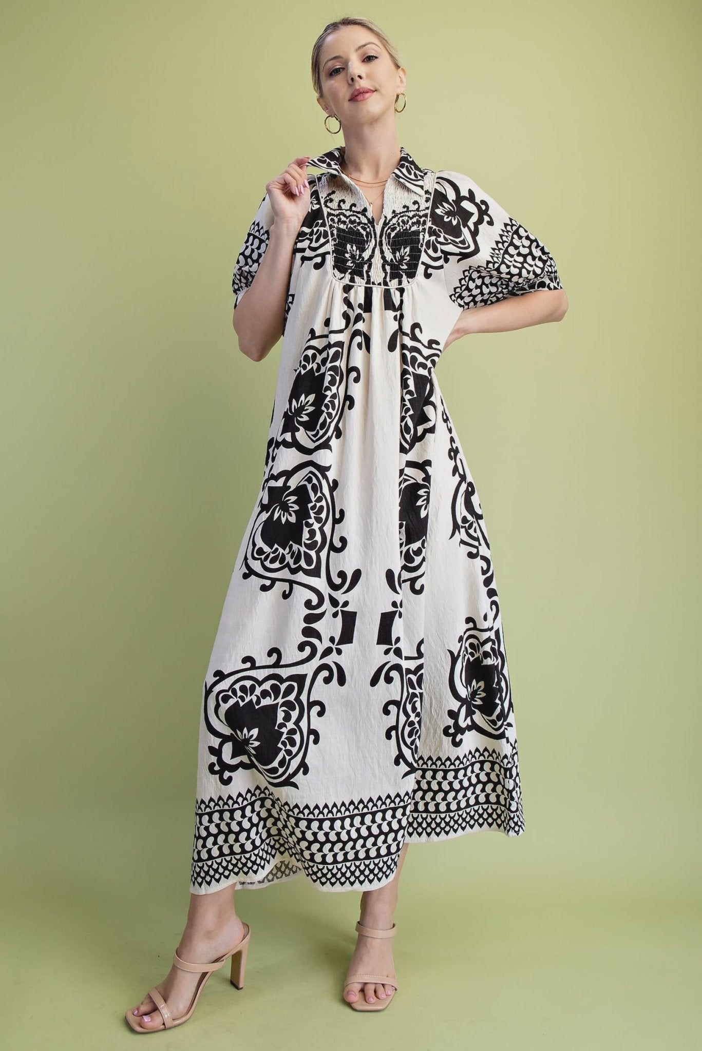 Boho - Chic Mixed Print Smocked Midi Dress with Puff Sleeves - Hello Beautiful BoutiqueDressGigio