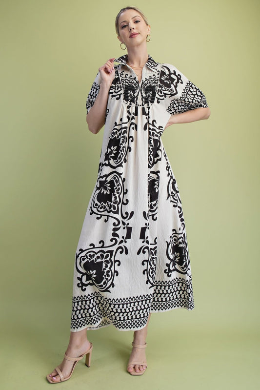 Boho - Chic Mixed Print Smocked Midi Dress with Puff Sleeves - Hello Beautiful BoutiqueDressGigio