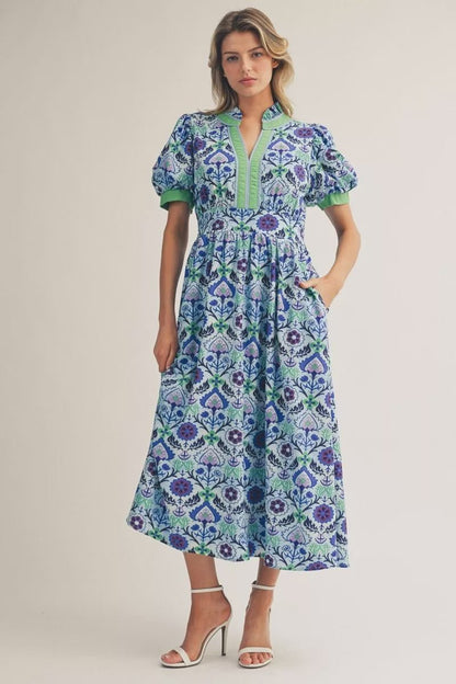 Boho Floral Puff Sleeve Midi Dress with Side Pockets - Hello Beautiful BoutiqueDressesJodifl