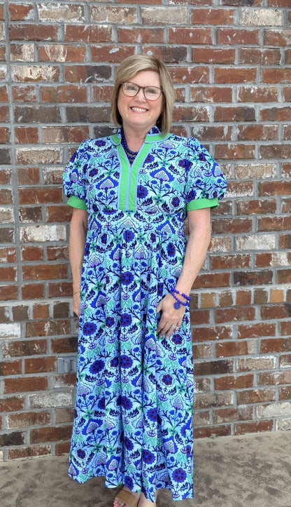 Boho Floral Puff Sleeve Midi Dress with Side Pockets - Hello Beautiful BoutiqueDressesJodifl