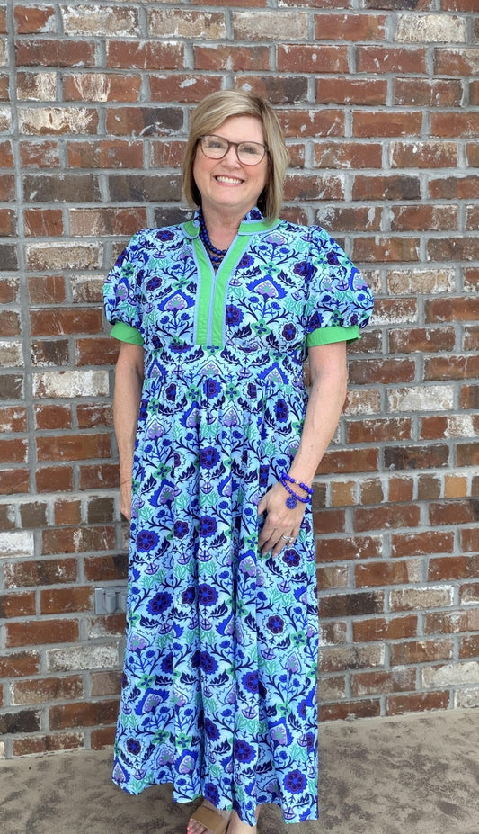 Boho Floral Puff Sleeve Midi Dress with Side Pockets - Hello Beautiful BoutiqueDressesJodifl
