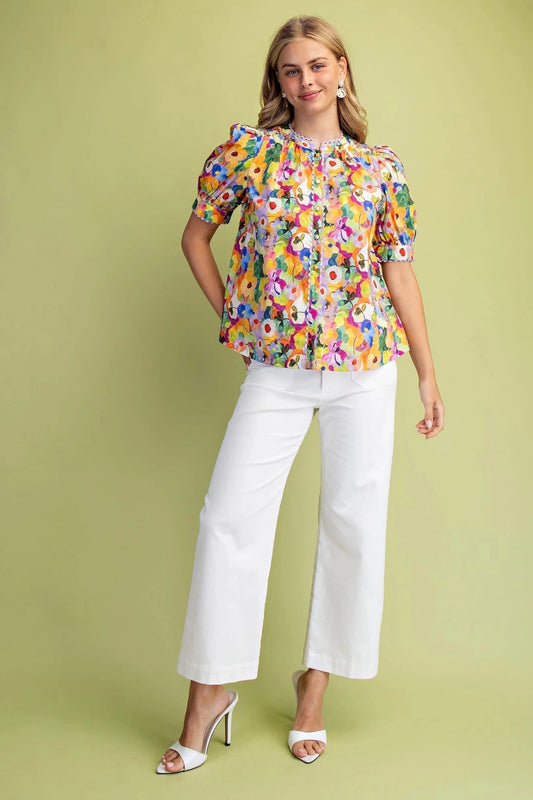 Bold Floral Button Down TE1627 - Hello Beautiful BoutiqueTopGigio
