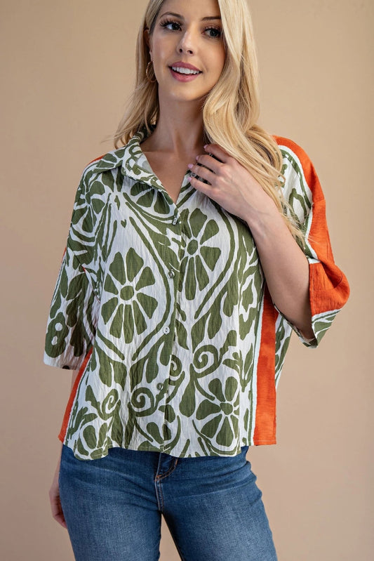 Bold Print top with Contrasting Stripe 1761 - Hello Beautiful BoutiqueTopGigio