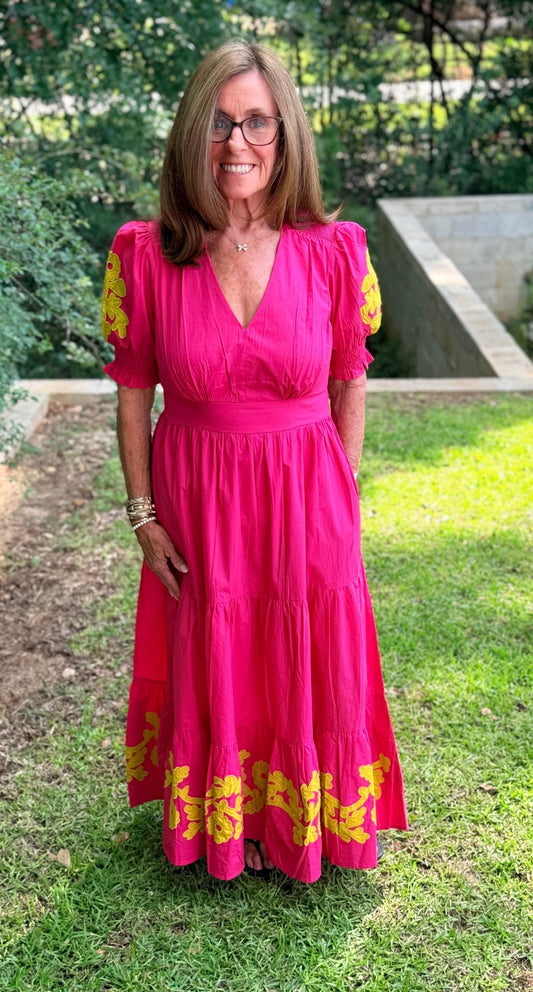 Bolden Applique Tiered Midi Dress – Vibrant Fuchsia & Lime - Hello Beautiful BoutiqueDressUncle Frank