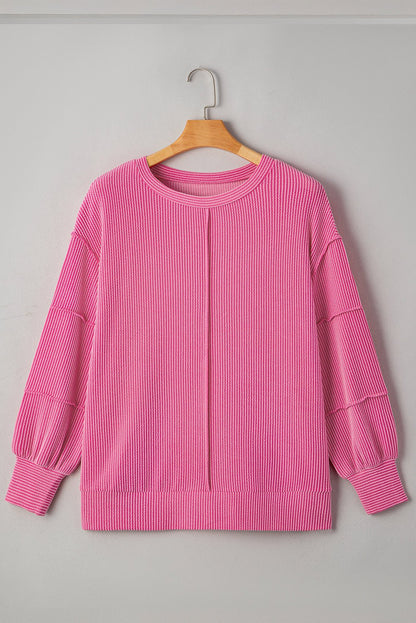 Bonbon Spiral Ribbed Exposed Seam Detail Plus Size Long Sleeve Top - Hello Beautiful BoutiquePlus Size Long Sleeve TopsThreaded Pear