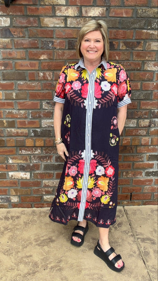 Botanical Print Button - Front Midi Dress with Contrast Striped Trim - Hello Beautiful BoutiqueDressEntro