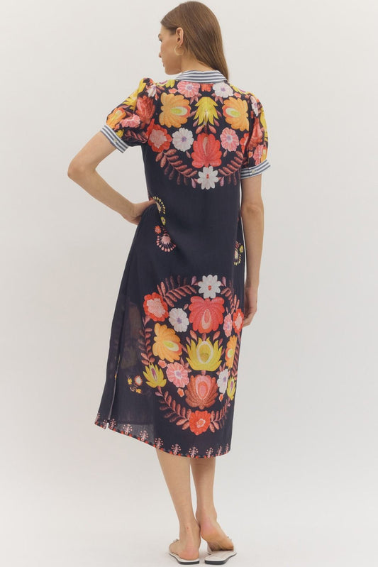 Botanical Print Button - Front Midi Dress with Contrast Striped Trim - Hello Beautiful BoutiqueDressEntro
