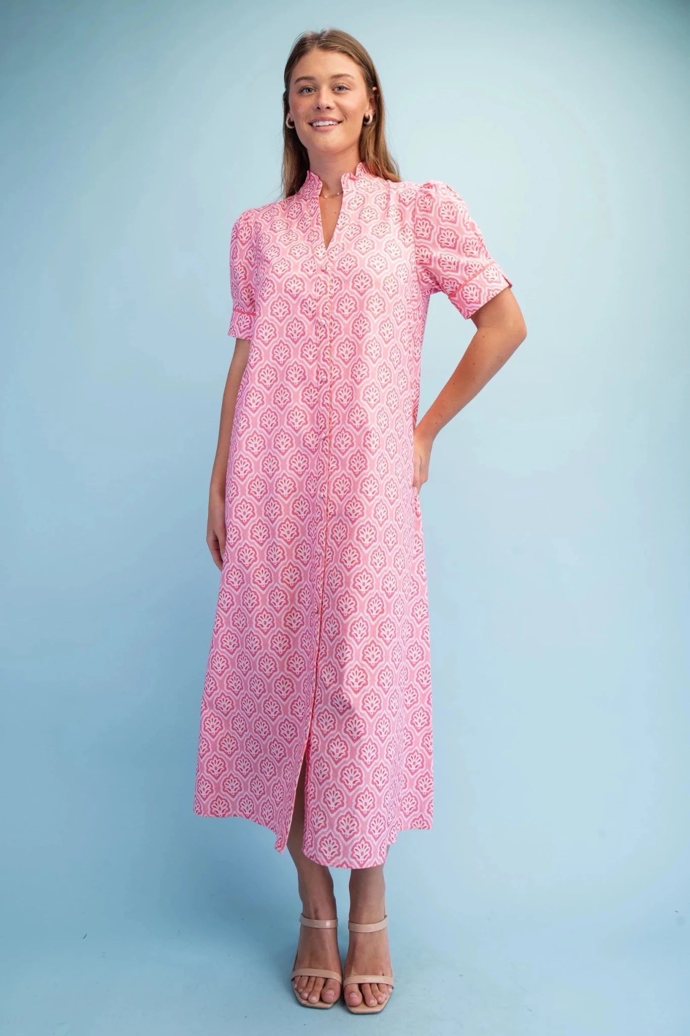 Bright Printed Button Down Midi Dress with Ruffled Collar and Pleated Short Sleeves - Hello Beautiful BoutiqueDressGigio