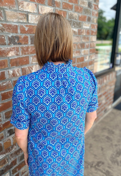 Bright Printed Button Down Midi Dress with Ruffled Collar and Pleated Short Sleeves - Hello Beautiful BoutiqueDressGigio