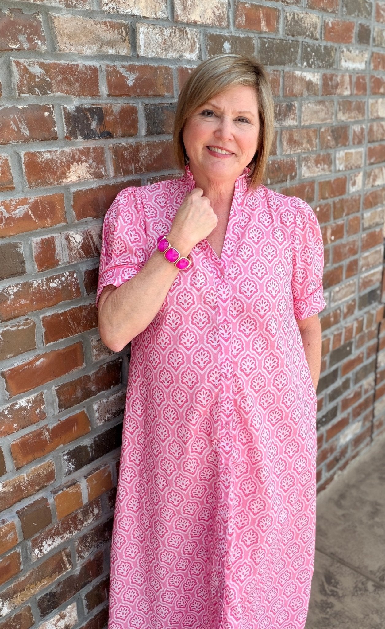 Bright Printed Button Down Midi Dress with Ruffled Collar and Pleated Short Sleeves - Hello Beautiful BoutiqueDressGigio