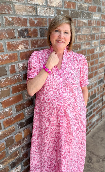 Bright Printed Button Down Midi Dress with Ruffled Collar and Pleated Short Sleeves - Hello Beautiful BoutiqueDressGigio