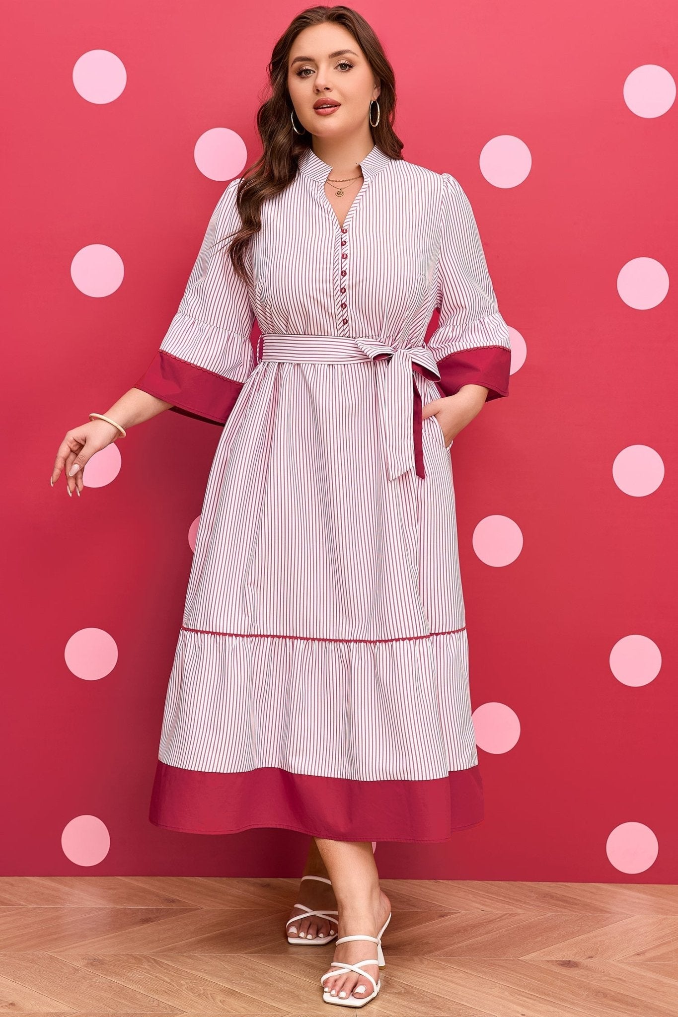 Charlee Hem Pinstriped Midi PLUS Dress - Hello Beautiful BoutiquePlus Size Midi DressesThreaded Pear