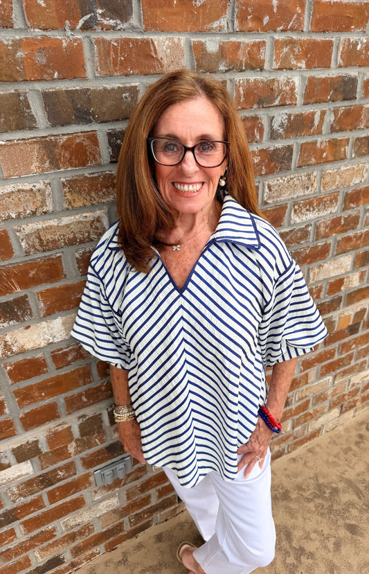 Chevron Stripe Collared Relaxed Top C5954 - Hello Beautiful BoutiqueTopUmgee
