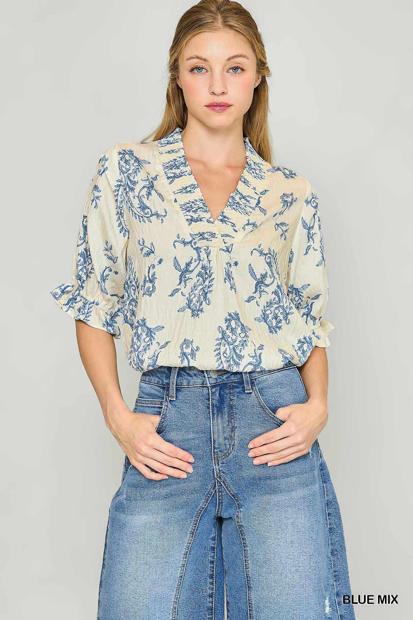 Chic Paisley Print Smocked V - Neck Blouse - Hello Beautiful BoutiqueTopUmgee