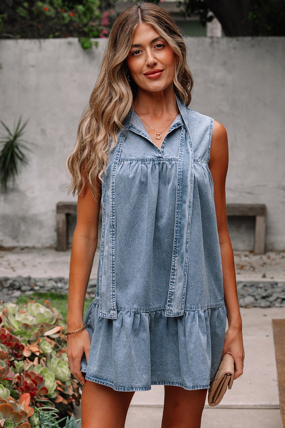 Clare Sleeveless Ruffled Chambray Dress - Hello Beautiful BoutiqueMini DressesThreaded Pear