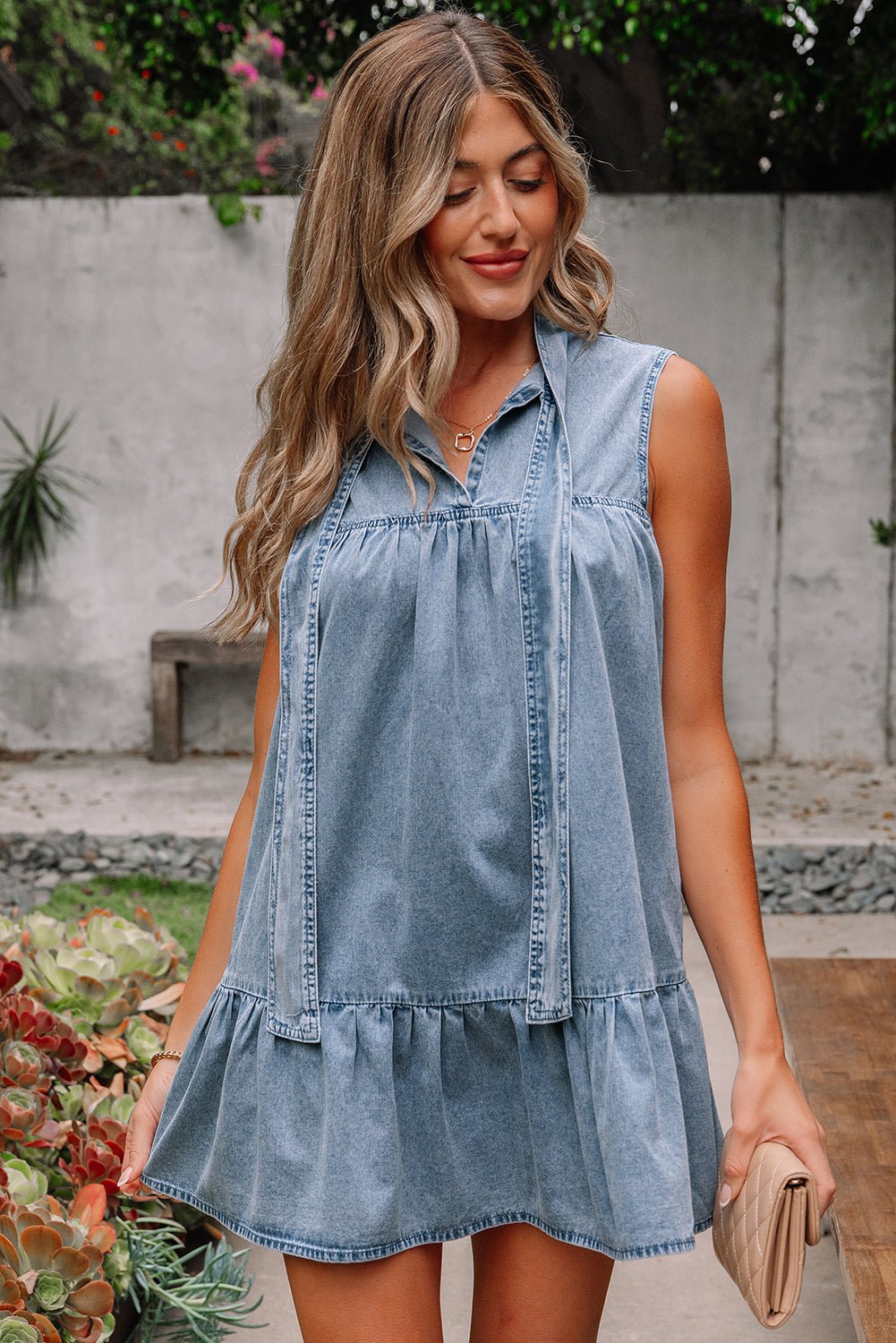 Clare Sleeveless Ruffled Chambray Dress - Hello Beautiful BoutiqueMini DressesThreaded Pear