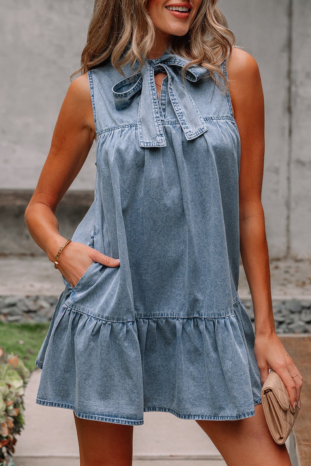 Clare Sleeveless Ruffled Chambray Dress - Hello Beautiful BoutiqueMini DressesThreaded Pear