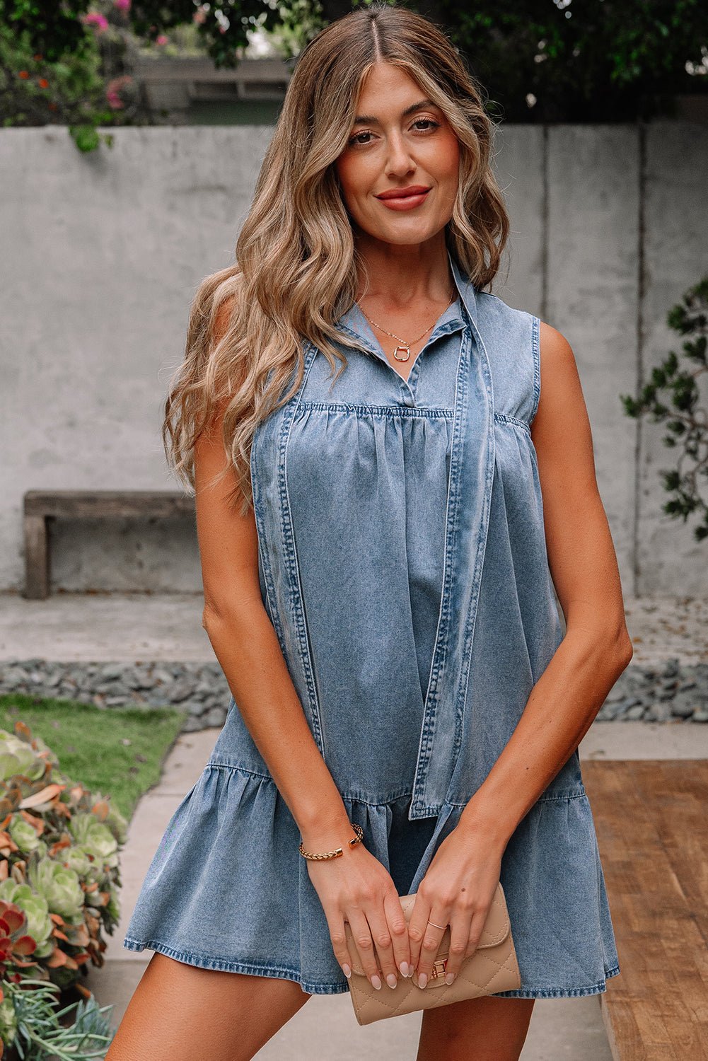 Clare Sleeveless Ruffled Chambray Dress - Hello Beautiful BoutiqueMini DressesThreaded Pear