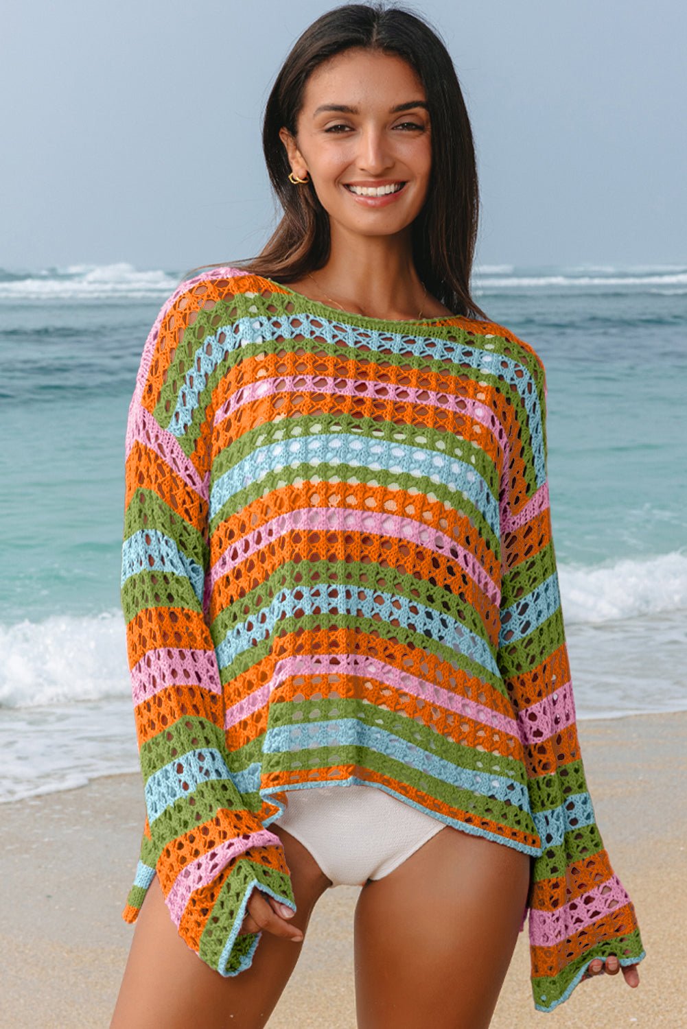 Cora Stripe Open Knit Sweater - Hello Beautiful BoutiqueBeach Cover-upsThreaded Pear