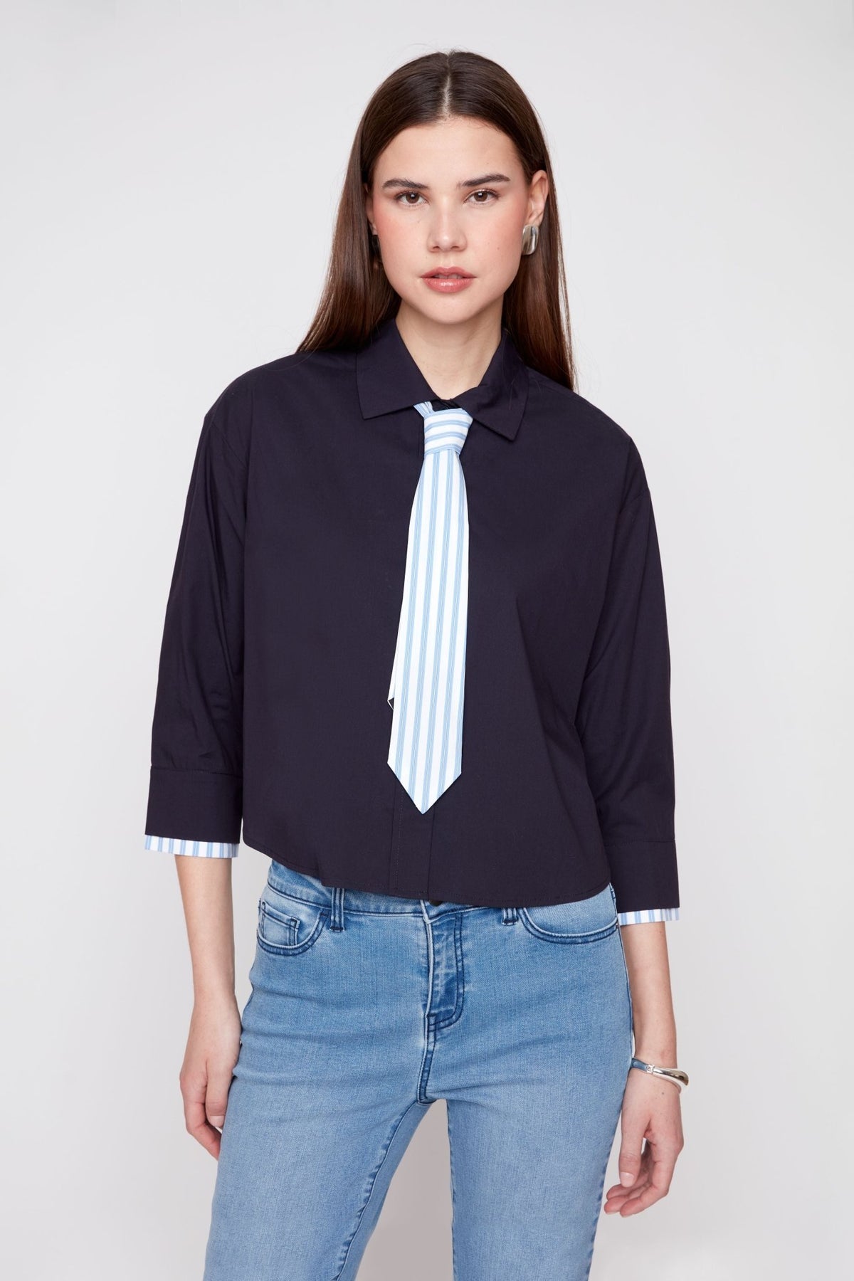Cropped Button-Down Shirt with Striped Tie Detail R5226 - Hello Beautiful BoutiqueTopRenuar