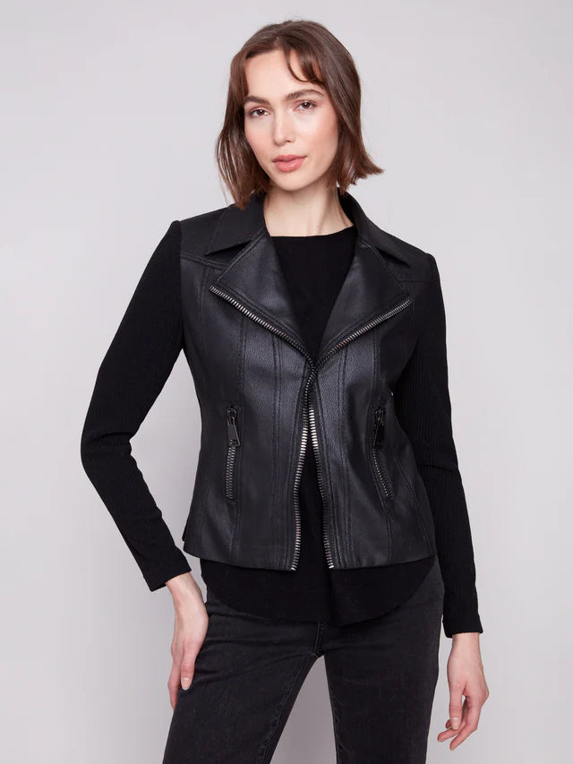 Faux  Leather and Rib Knit Combo C6273