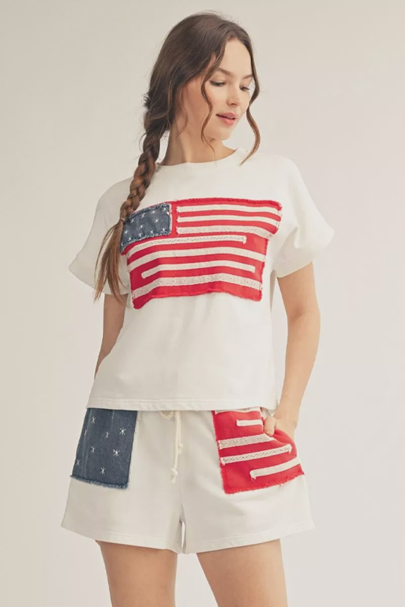 American Flag Patch Drop Shoulder Casual Top