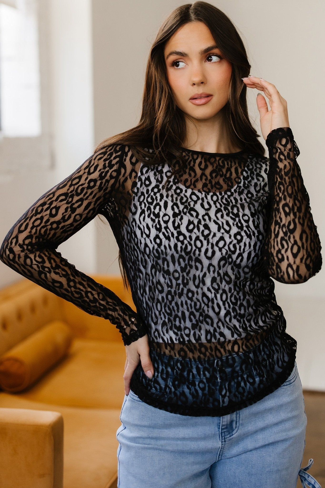 Denver Pattern Sheer Mesh Long Sleeve Top - Hello Beautiful BoutiqueLong Sleeve TopsThreaded Pear