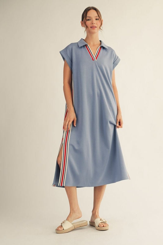 Drop Shoulder Casual Midi Dress with Color Band Trim - Hello Beautiful BoutiqueDressJodifl