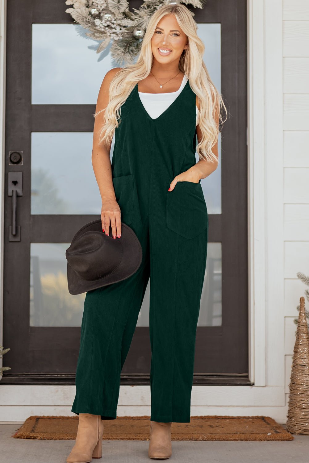 Elle Corduroy Patched Sleeveless Jumpsuit - Hello Beautiful Boutique15% OFFThreaded Pear