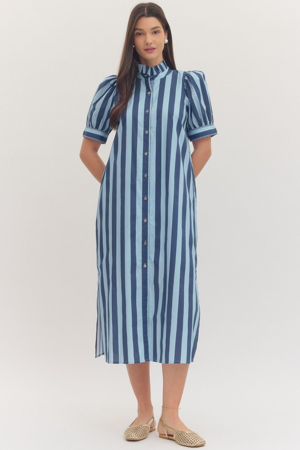 Eloise Blue Stripe Puff Sleeve Midi Dress with Pockets - Hello Beautiful BoutiqueDressEntro