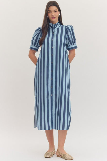 Eloise Blue Stripe Puff Sleeve Midi Dress with Pockets - Hello Beautiful BoutiqueDressEntro