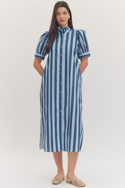Eloise Blue Stripe Puff Sleeve Midi Dress with Pockets - Hello Beautiful BoutiqueDressEntro