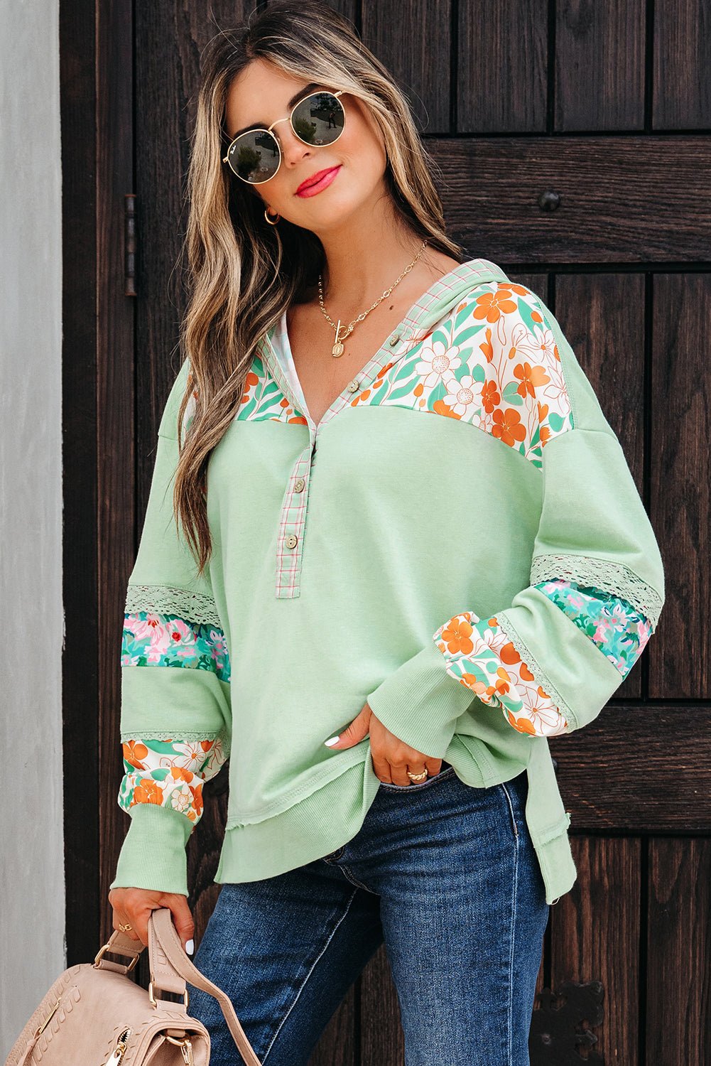 Emberly Patchwork Half Hooded Pullover - Hello Beautiful BoutiqueLong Sleeve TopsThreaded Pear