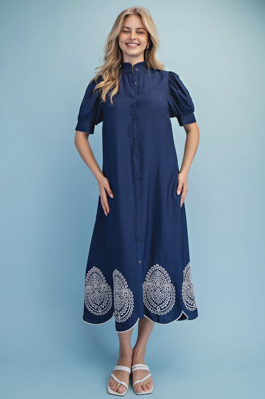 Embroidered Button Down Midi Dress with Ruffled Collar & Short Sleeves - Hello Beautiful BoutiqueDressGigio