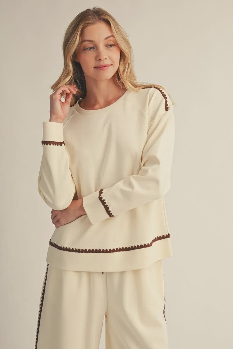 Embroidered Scallop Drop-Shoulder Sweatshirt G51132 - Hello Beautiful BoutiqueLounge/ ActiveJodifl