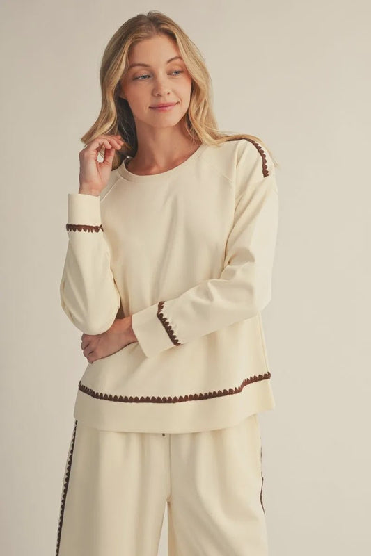 Embroidered Scallop Drop-Shoulder Sweatshirt G51132 - Hello Beautiful BoutiqueLounge/ ActiveJodifl