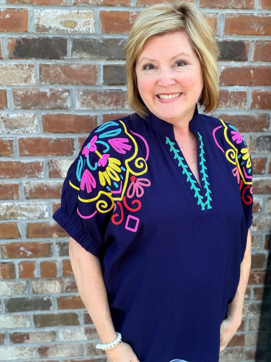Embroidered Split Neck Top - Hello Beautiful BoutiqueTopUmgee