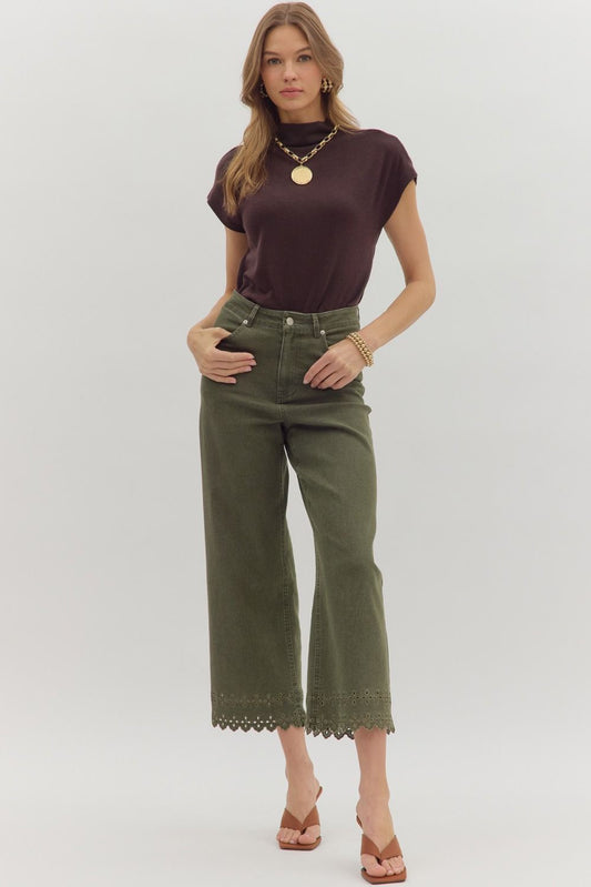 High Waist Ankle Pant with Embroidered Border