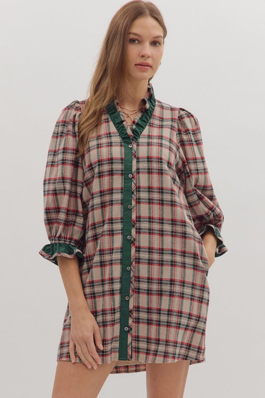 Plaid Puff Sleeve Dress with Ruffled Neck 290484