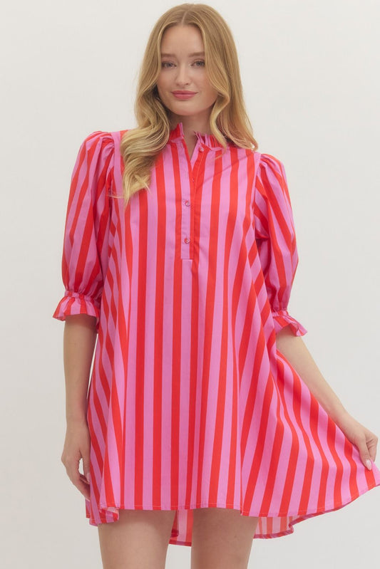 Striped Puff Sleeve Dress D29194