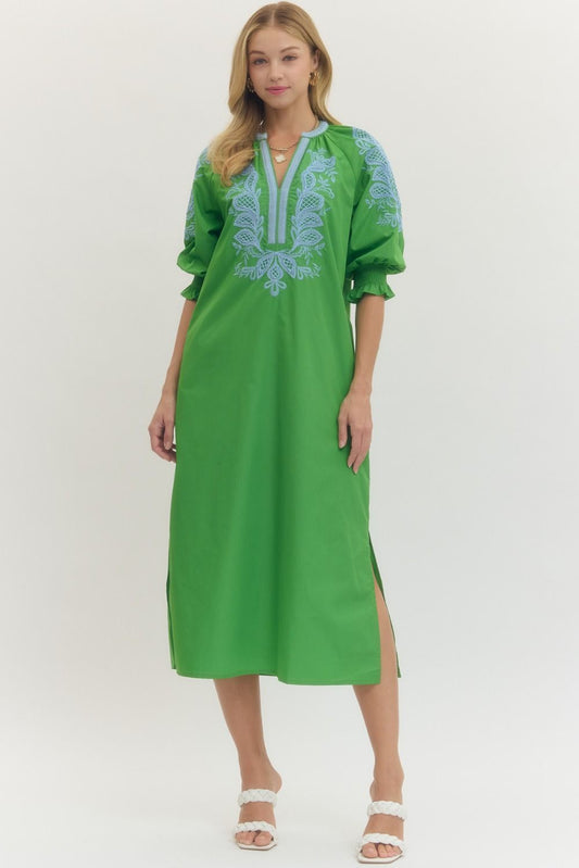 Embroidered Midi with Smocked Sleeves D29363