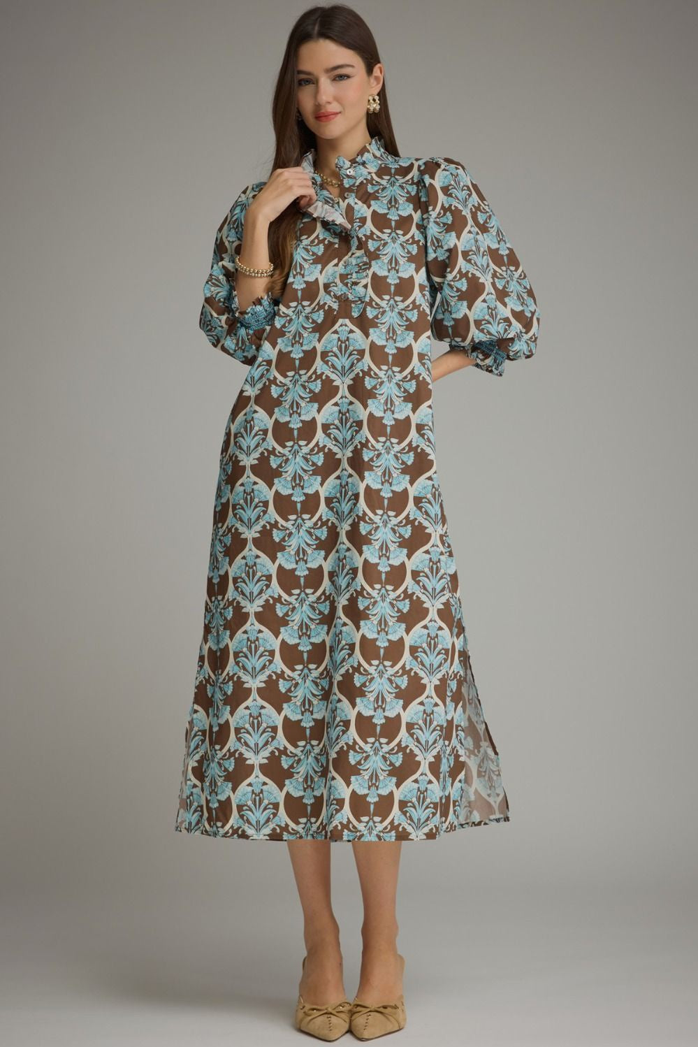 Printed Balloon Sleeve Midi D34099